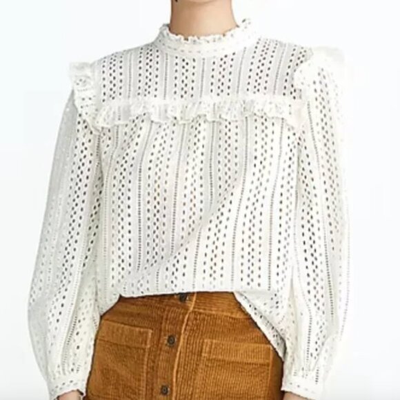 Madewell Cream Lace Ruffle Blouse Eyelet Mockneck Ruffle Tie Back Size XS - Picture 1 of 9